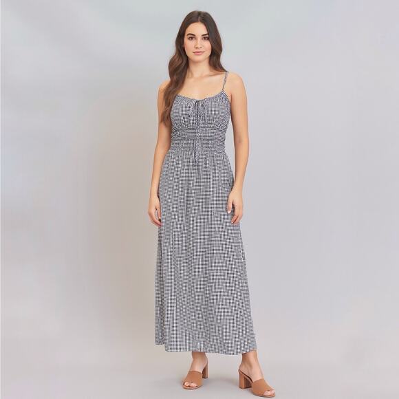 Abercrombie & Fitch Smocked Tie-Front Maxi Dress black/white gingham size Large - Picture 1 of 16